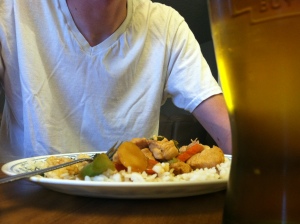 Good Eats--Ben Lee eats a delicious plate of stir fry with a nice glass of apple juice.